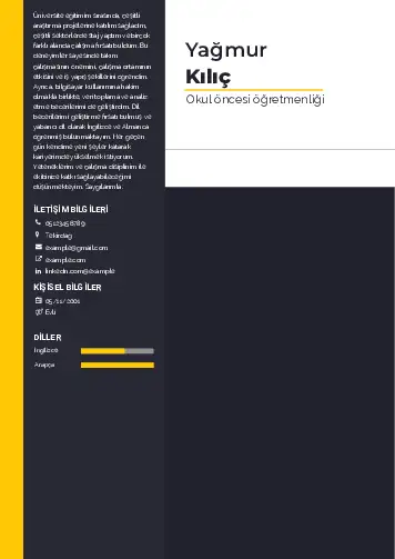 Okul Öncesi Öğretmeni Öğretmenliği Cv Örnekleri cv indir